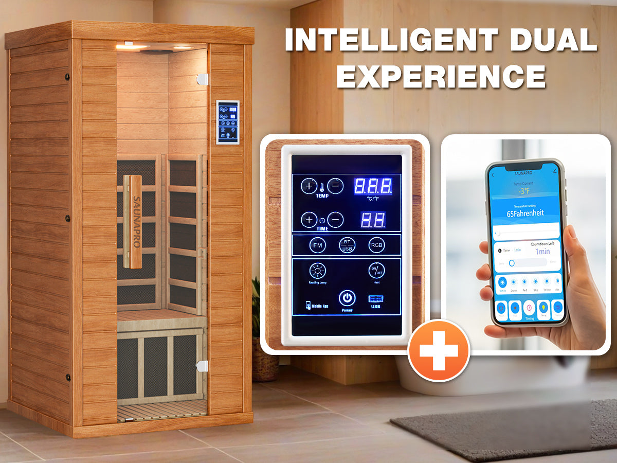 1-Person Sauna Room, Indoor Spectrum Infrared Sauna for Home, Dry Sauna with WiFi/BT Control and 5 Heater Panels, 9-Color Light Therapy, Safe Flame-Retardant Material, Wood Low EMF 1200W/120V Heater, Home Spa and Gym Use