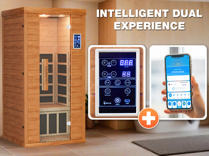 1-Person Sauna Room, Indoor Spectrum Infrared Sauna for Home, Dry Sauna with WiFi/BT Control and 5 Heater Panels, 9-Color Light Therapy, Safe Flame-Retardant Material, Wood Low EMF 1200W/120V Heater, Home Spa and Gym Use
