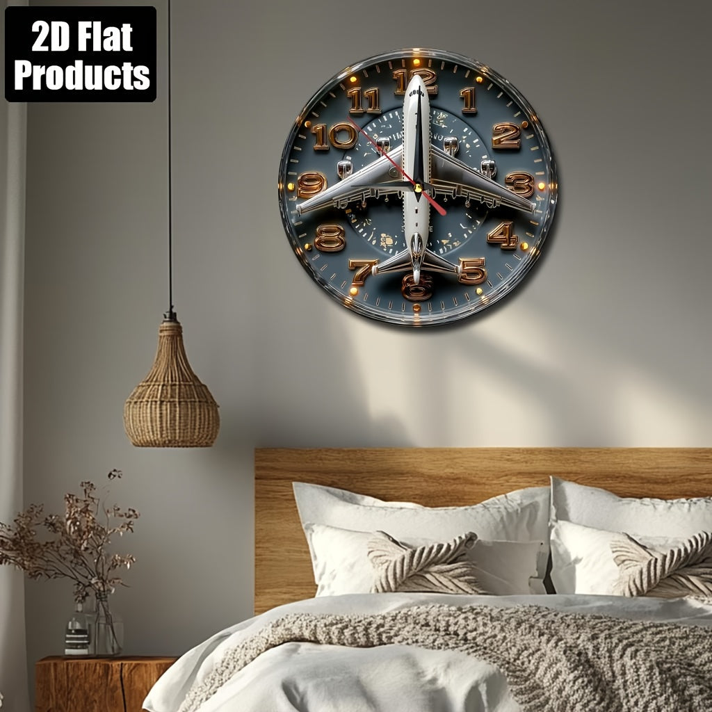 1pc Aviation-Themed Airplane Wall Clock - 9.8 Inch Round Dark Blue & Golden Artificial Wood Silent Non-Ticking Large Easy-Read Black Hands, Farmhouse Decor for Home Office Kitchen Bedroom, Aviation Enthusiast Gift (Battery No
