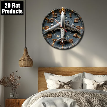 1pc Aviation-Themed Airplane Wall Clock - 9.8 Inch Round Dark Blue & Golden Artificial Wood Silent Non-Ticking Large Easy-Read Black Hands, Farmhouse Decor for Home Office Kitchen Bedroom, Aviation Enthusiast Gift (Battery No
