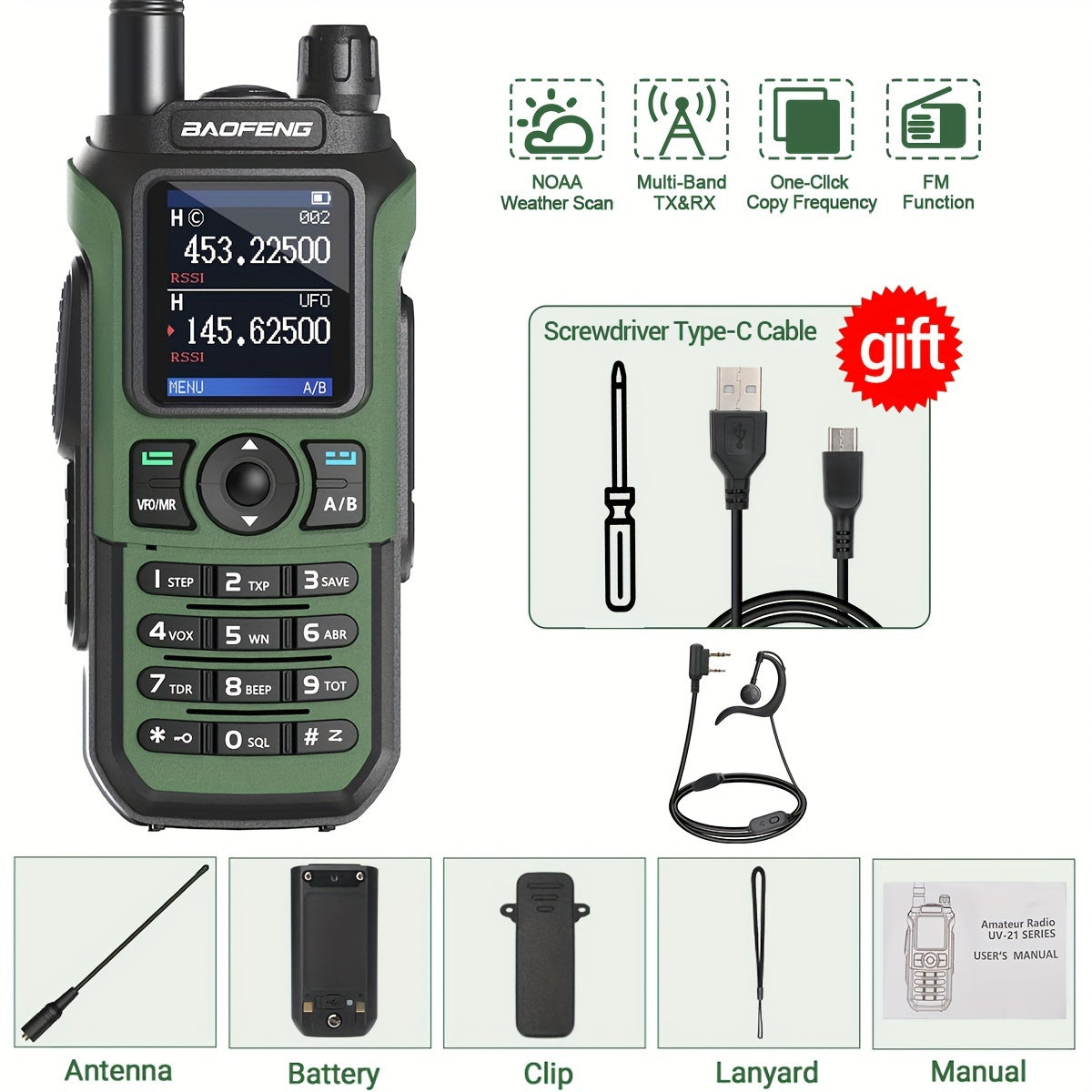 BaoFeng UV-21R Ham Radio Handheld Two-Way Radio - Long Range UHF/VHF Dual Band Walkie Talkie with Type-C Charging, 999 Channels, NOAA Weather Alerts, USB/Battery Powered, Compatible with UV-5R - for Camping, Construction, Eve
