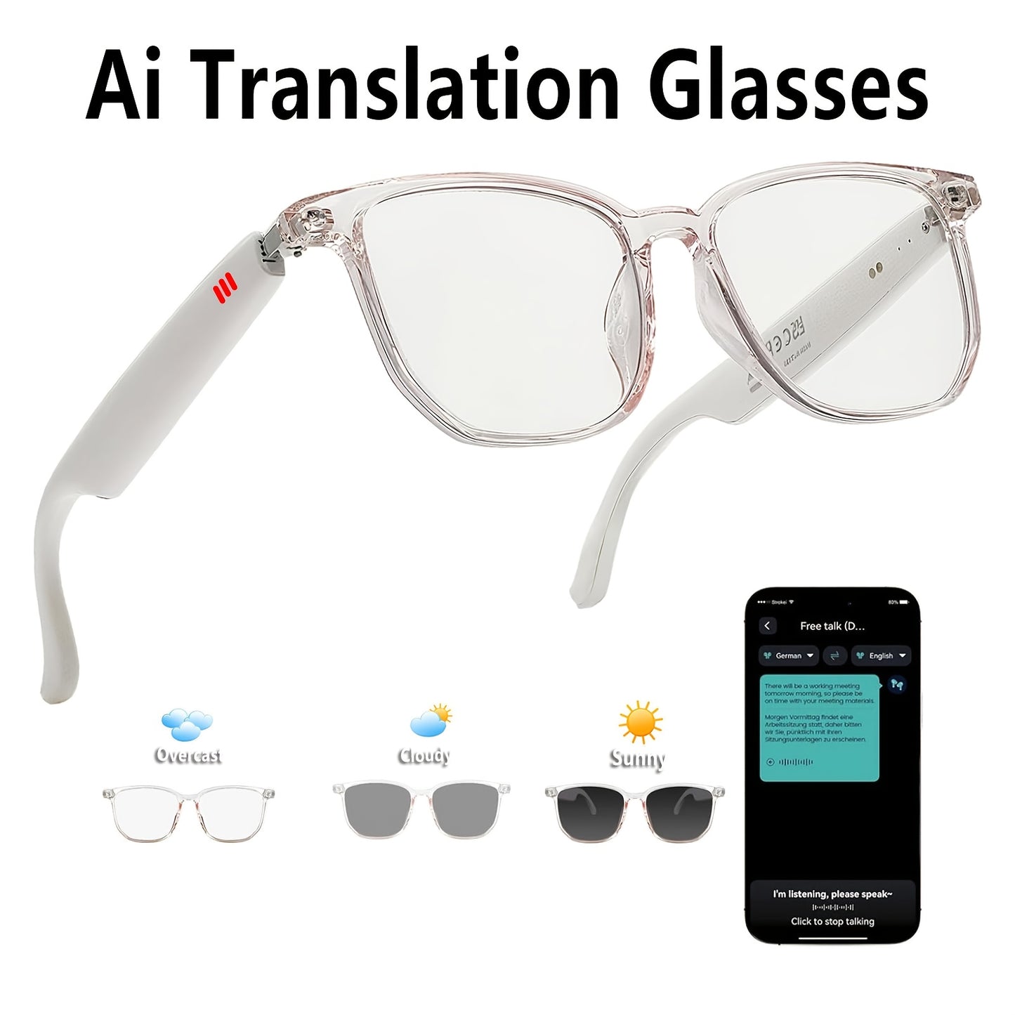 Ai Translation Smart Glasses, Multi-Functional Audio Glasses with 160+ Language Support, Built-in Microphone and Speaker, Music Playback & Voice Calls, Photochromic Lenses, Suitable for, Driving, Relaxing, and Daily Office We