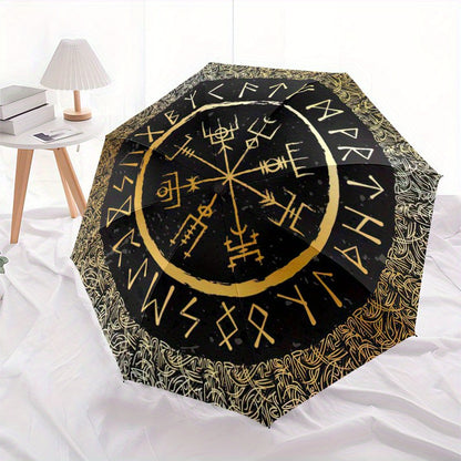 Viking Vegvisir Compass Umbrella - Cartoon Design, Portable Folding with Durable Iron Frame & 8 Ribs, All-Season Use for Home, Travel, Outdoor - Black with Golden Accents, Travel Umbrella, Outdoor Protection, Cartoon Umbrella
