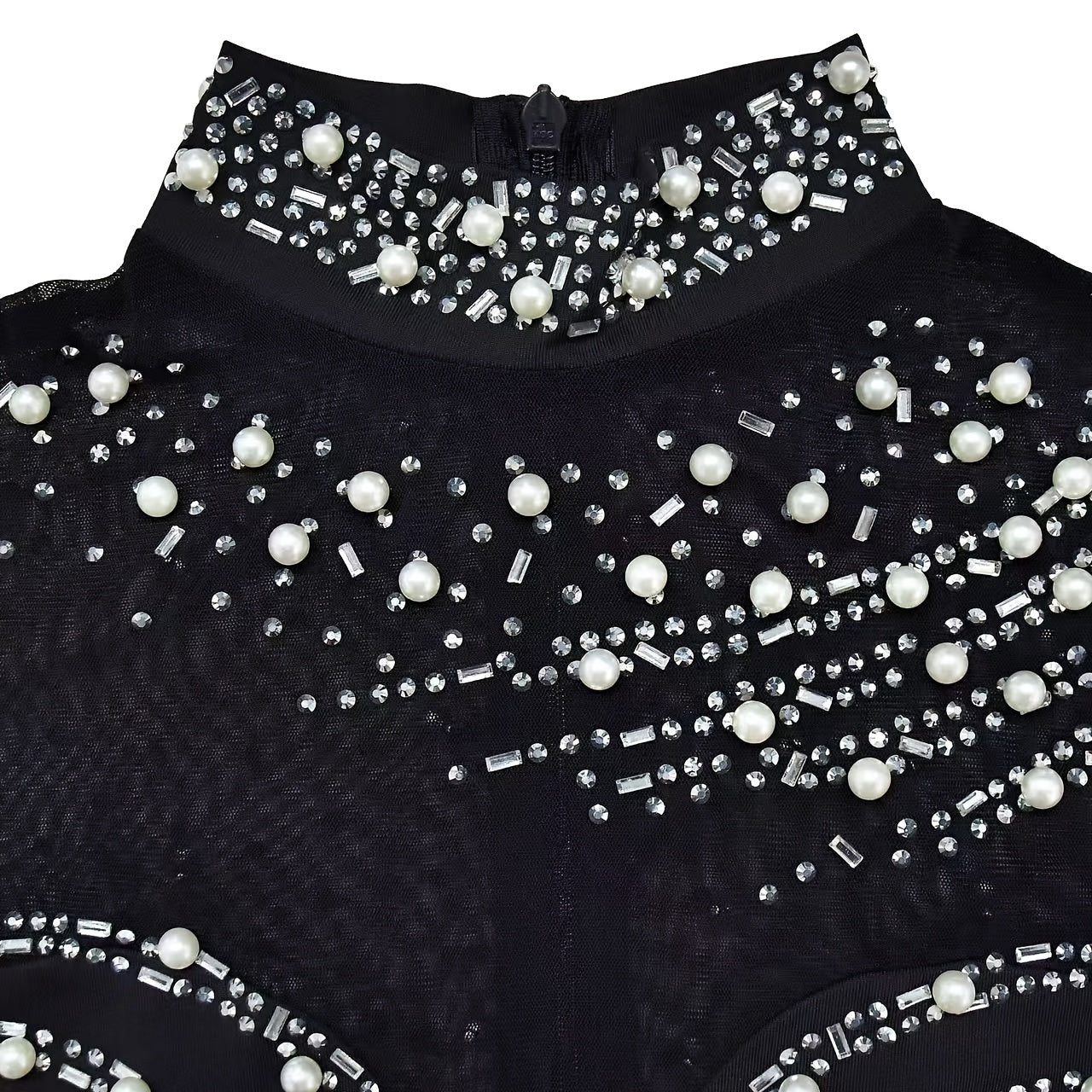 Elegant Women'S Black Jumpsuit with Pearl And Rhinestone Embellishments, Featuring Sheer Mesh Long Sleeves for Evening Events