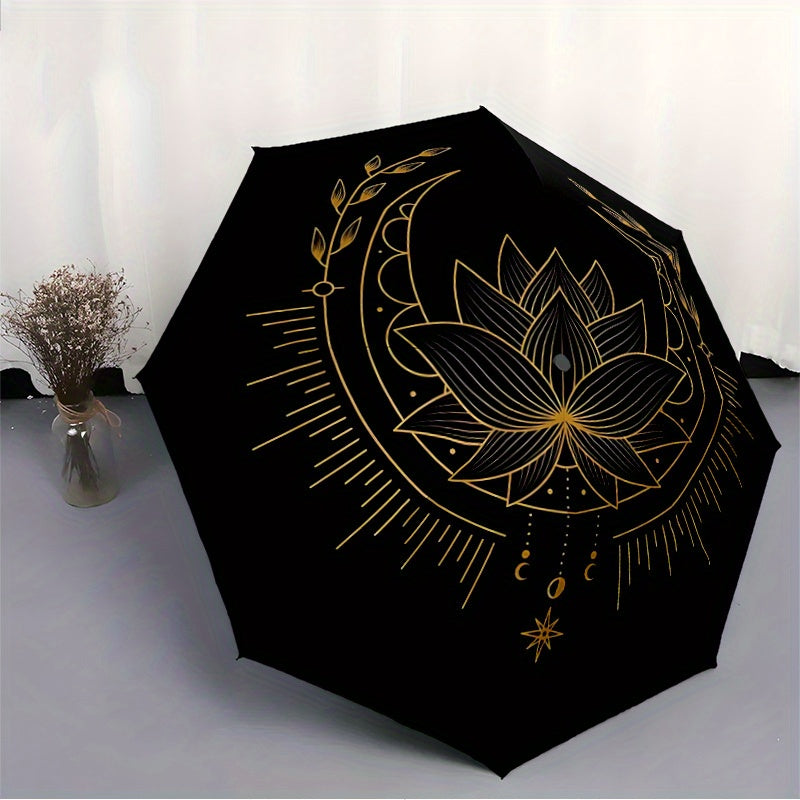 1pc Lotus Mandala Automatic Open/Close Folding Compact Umbrella - 8-Rib Sturdy Canopy, Lightweight Portable, Durable Plastic & Iron Construction, Elegant Black & Golden Design for Daily Commute, Travel, Outdoor Use - Fashiona