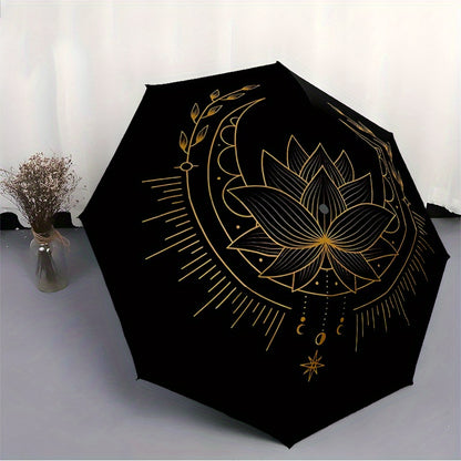1pc Lotus Mandala Automatic Open/Close Folding Compact Umbrella - 8-Rib Sturdy Canopy, Lightweight Portable, Durable Plastic & Iron Construction, Elegant Black & Golden Design for Daily Commute, Travel, Outdoor Use - Fashiona