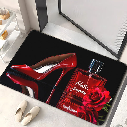 1pc Fashion-Themed High-Heel Shoe & Perfume Bottle Design Door Mat - Absorbent Microfiber, Machine Washable Polyester Rug for Bathroom, Bedroom, Living Room Entrance, Shoe