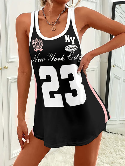 Women's Two-in-One Sleeveless Sleepwear & Day-to-Night Outfit - New York City & 23 Number Print Color-Block Vest Pajama Dress - High-Stretch Asymmetrical Hem Lounge Dress for Adults - All-Season Casual Wear (Black/Yellow)