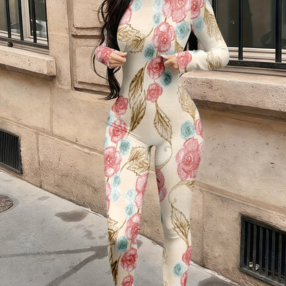 Asual Fashionable Sexy Long Sleeved Tight Fitting Jumpsuit Autumn Women's Trendy Printed Jumpsuit Top Women's Clothing