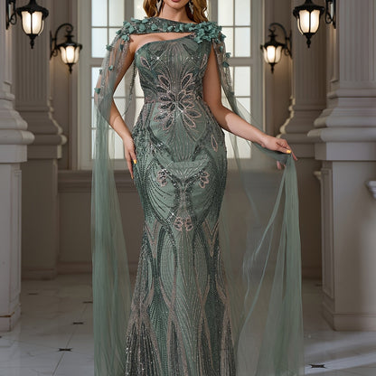 Elegant Sequined Beaded Embroidered Lace - Bodycon Mermaid Dress - with 3D Flower Applique | Crew Neck - Extra-long Train - Suitable for Parties, Weddings, and Banquets