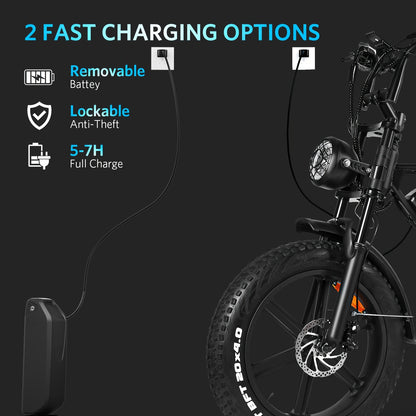 Electric Bike, V8 Electric Mountain Bike With 740W Motor 48V 15Ah Removable Larger Battery 25km/h 20" Fat Tire E Bike 7-Speed Adult Electric Bicycles, Electric Dirt Bike, Electric Mountain Bike, Electric Bicycle For Adults, E