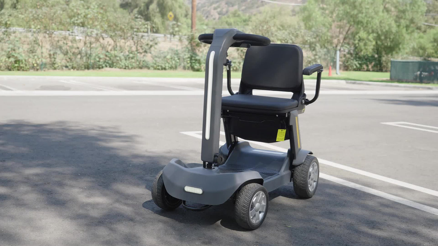 Foldable Mobility Scooter for Adults & Senior, 4 Wheels Powered Device for Travel,with an LED light strip, storage bag, and charger. No assembly required.with a 300-watt motor,a reclining seat, a 300-pound load capacity, and