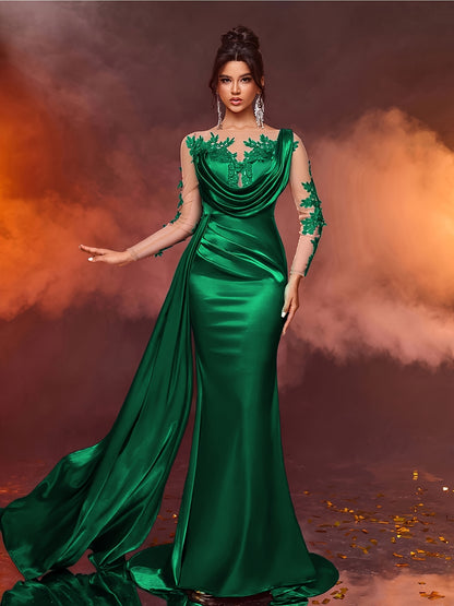 Elegant Long Ladies' Gown with Lace Detail | Solid Color, Contrast Mesh, Long Sleeve, Gown Hem, Ideal for Christmas, Birthday, Graduation, Travel
