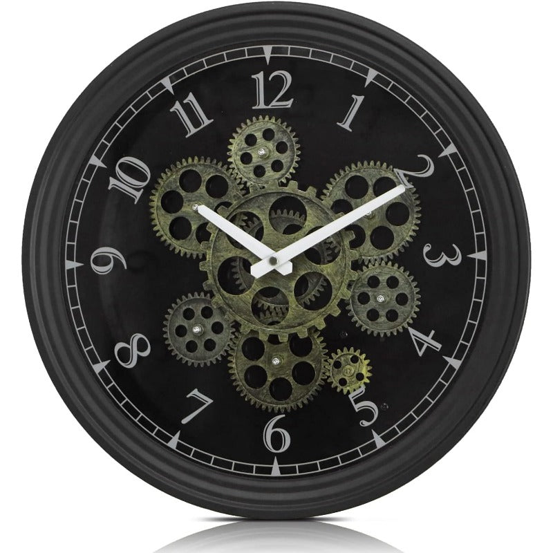 15 Inch Vintage Industrial Steampunk Metal Wall Clock with Moving Gears - Large & Golden Gear Mechanism, No Electricity Needed