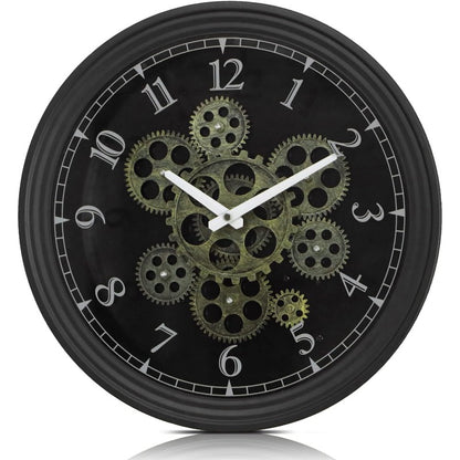 15 Inch Vintage Industrial Steampunk Metal Wall Clock with Moving Gears - Large & Golden Gear Mechanism, No Electricity Needed