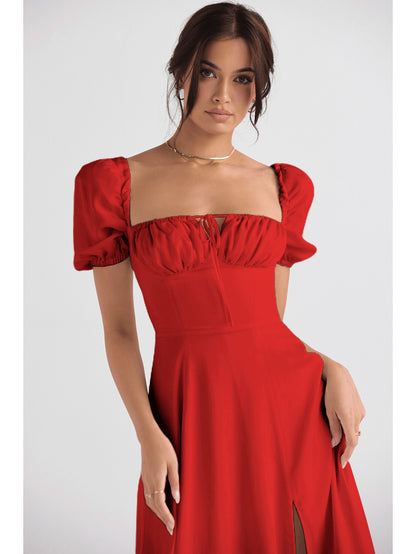 Elegant Puff Sleeve Tie-Waist Dress | High Waist Design, Off the Shoulder, Solid Color, Flared Hem, Midi Length for Spring/Summer Fashion