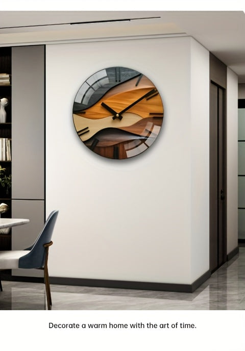 [Artistic Wall Clock] 12-inch Artistic Round Glass Wall Clock, Silent Non-Ticking High Quality Movement, 3mm Thickened Steel Tempered Glass, Faux Wood Grain Nordic Style with Corrugated Design | 1pc, Living Room Bedroom Home