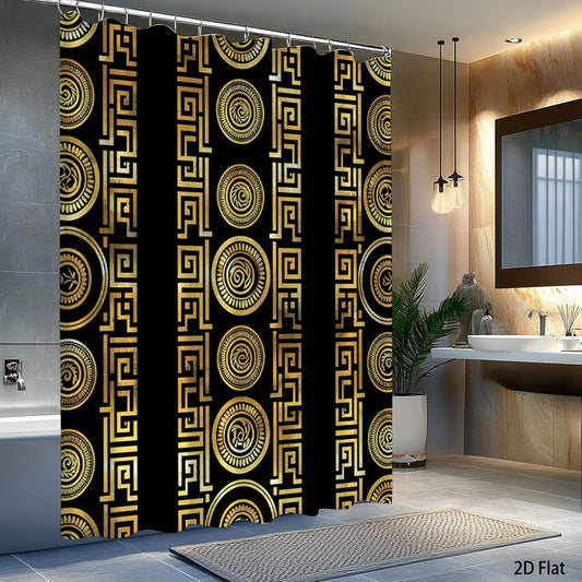 1pc Vintage Greek Key Shower Curtain - Black & Golden Bathroom Decor with Hooks, Extra Long 70.8x70.8 Inch High Quality Polyester Curtain for Bathtub Divider, Elegant Bath Window Treatment - Machine Washable Luxury Bathroom W