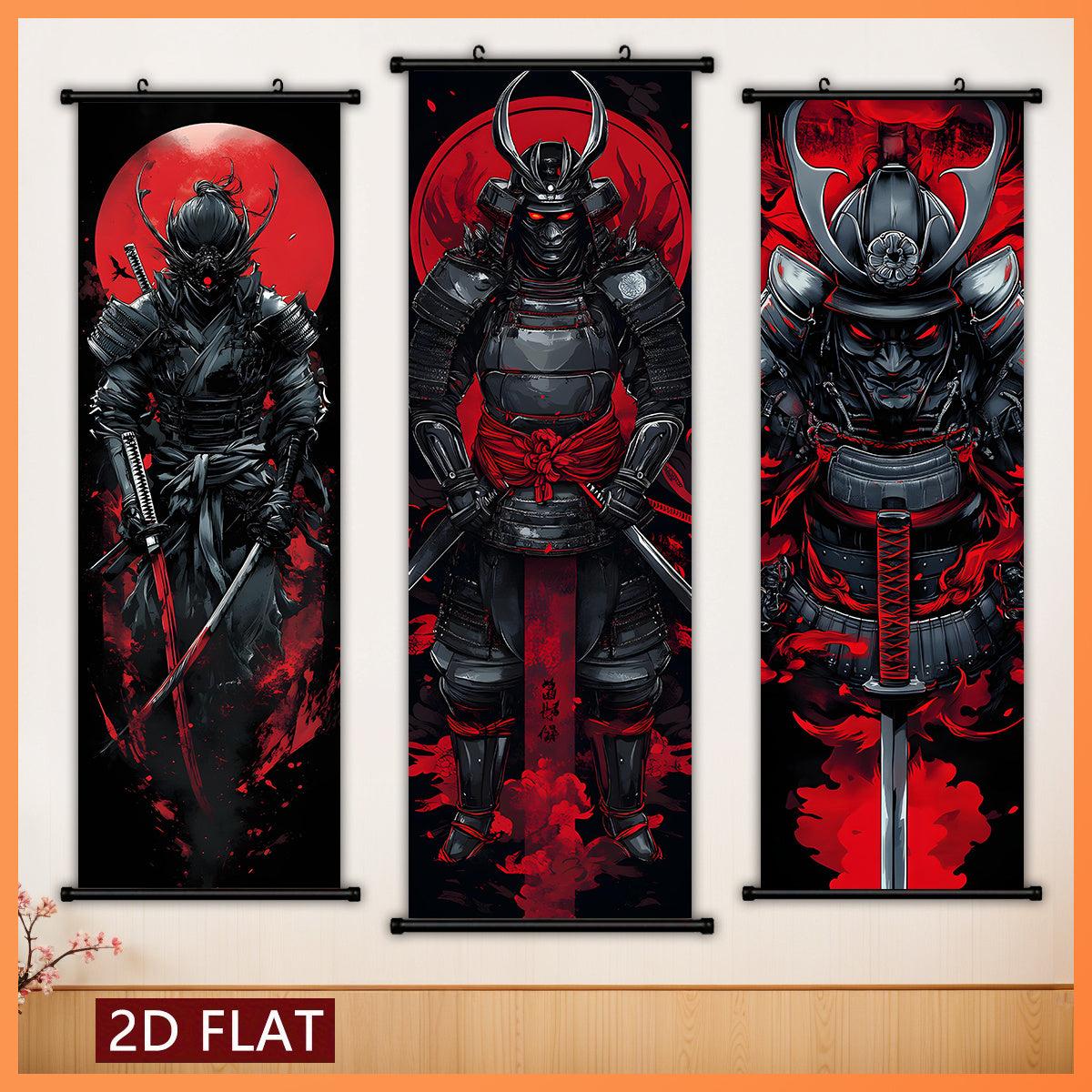 Black and Red 3pcs Set of Japanese Samurai Battle Scroll/Hanging Scrolls, Oriental Classical Style Decorative Art with Armor & Weapon Elements, Symmetrical Composition and Metal Ornament Details, Suitable for Living Room, Tea