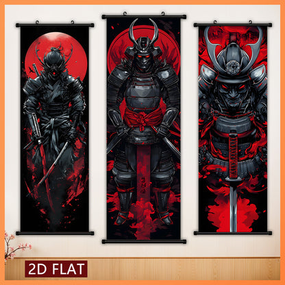 Black and Red 3pcs Set of Japanese Samurai Battle Scroll/Hanging Scrolls, Oriental Classical Style Decorative Art with Armor & Weapon Elements, Symmetrical Composition and Metal Ornament Details, Suitable for Living Room, Tea