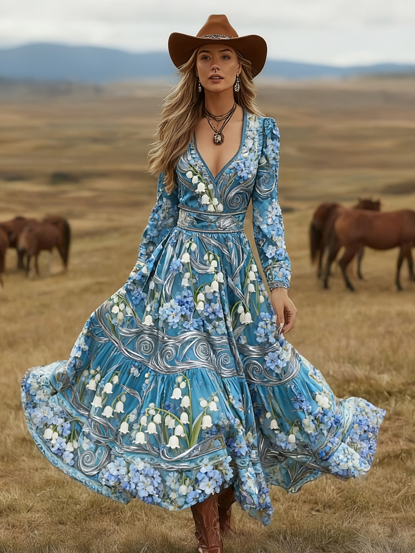 Women'S Ethnic-style V-neck Bohemian-style Maxi Dress | Elegant and Sophisticated, Perfect for Travel and Beach Vacations, Lightweight and Breathable Fabric, Suitable for Spring, Summer, and Autumn
