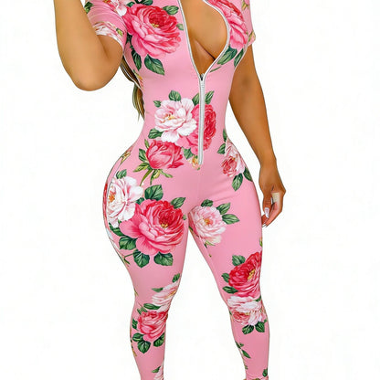 Women'S Bodycon Short Sleeve Jumpsuit | Pastel Pink Floral Print, Curvy-Friendly Deep V Zip, Stretchy Fabric, Sizes 2XS-2XL | Perfect for Spring/Summer/Fall, Sexy Style