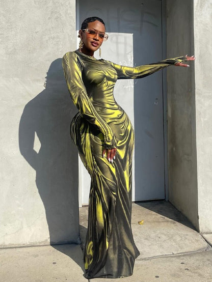 Women's Fashion Printed Crew Neck Slim-Fit High-Waist Maxi Long-Sleeve Dress for Autumn