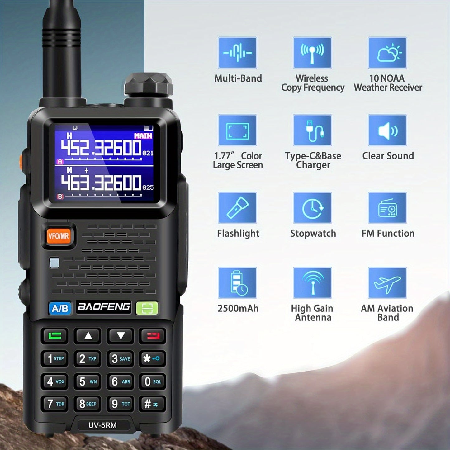 BAOFENG 5RM Ham Radio 10W Long Range Upgrade of UV-5R, Ham Radio Handheld UV-5RM Radio Multi-Band BAOFENG Radio with 771 Antenna, 2500mAh Battery Rechargeable Walkie Talkies for Adults, 2 Pack