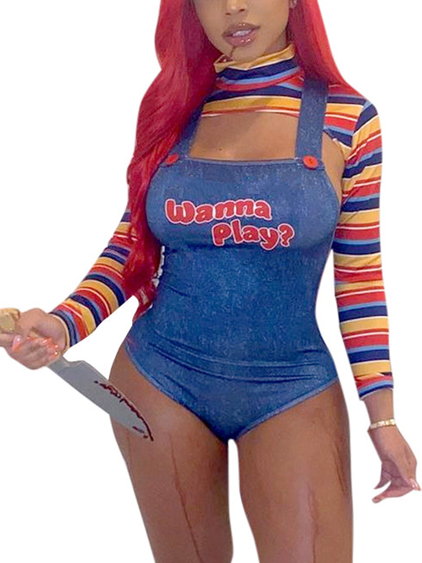 Women's 2pcs Bodysuit Jumpsuit - Sexy Mature Letter Print & Stripe Crop Top/Bodysuit Matching Outfit, Full-Body Suit for Cosplay, Theme Parties, Casual Attire - Hand Washable Adult One-Piece (Non-)