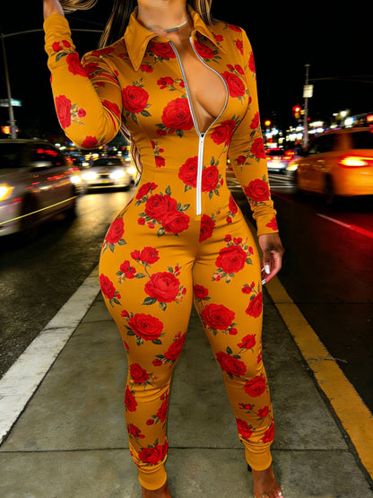 Red Rose Print Casual Women's Half Zipper Jumpsuit, Floral Pattern Casual Wear, Outdoor S Women's Long Sleeved Lapel Sweatshirt Jumpsuit, Fashionable Spring Half Zipper Slim Fit Jumpsuit, Women's Gift, Soft Fabric, Machine Wa