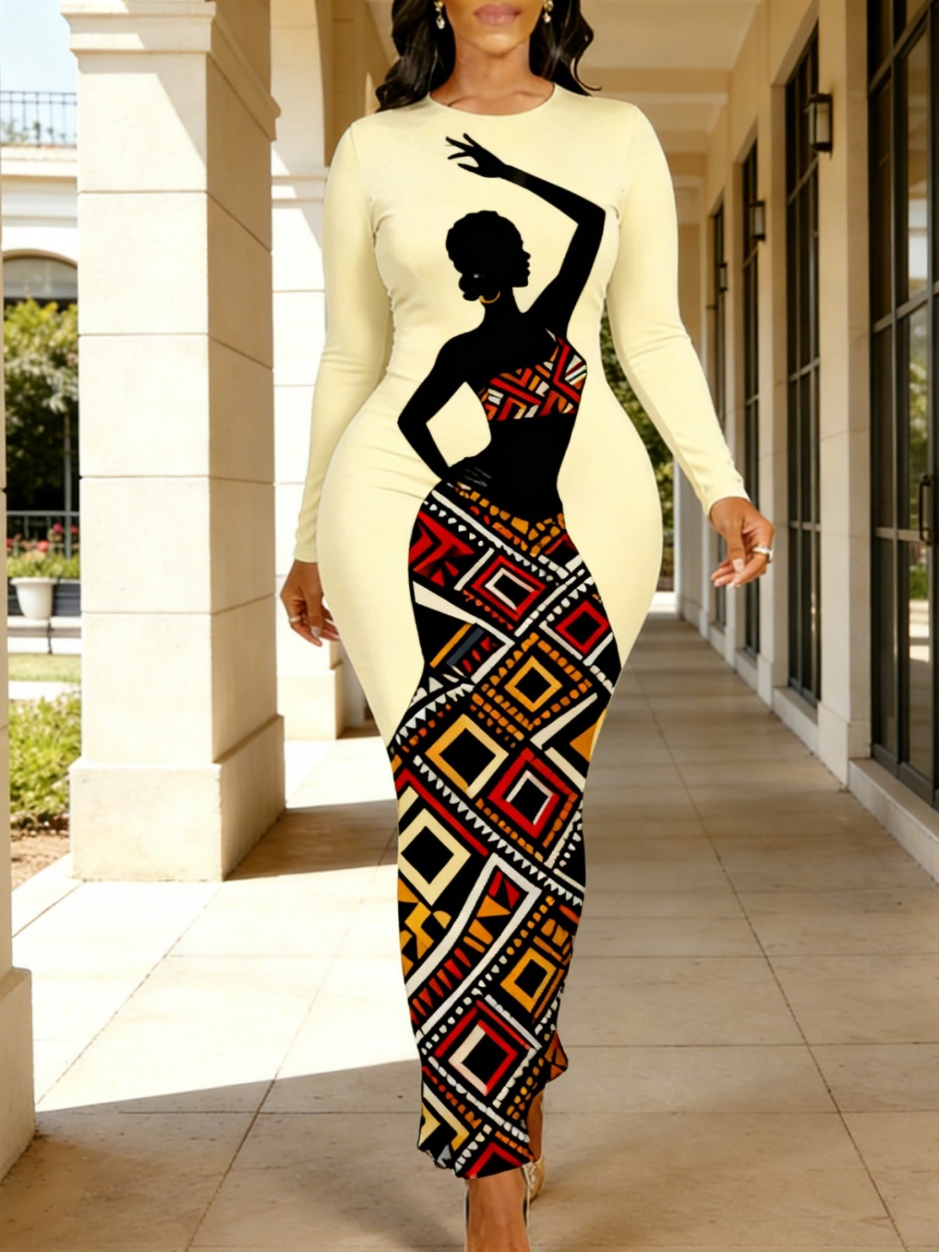 [Women's Dress] Spring/Summer Women's Long-Sleeved Bodycon Dress, African Batik Geometric Print, Elastic Waist for a Flattering Figure, Ethnic Style Outfit for Holidays and Parties, 2026 Early Spring New Arrival