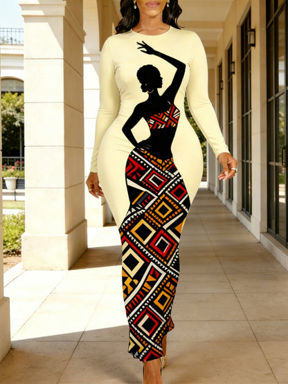 [Women's Dress] Spring/Summer Women's Long-Sleeved Bodycon Dress, African Batik Geometric Print, Elastic Waist for a Flattering Figure, Ethnic Style Outfit for Holidays and Parties, 2026 Early Spring New Arrival