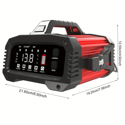 TK-2500 Heavy-Duty 12V/24V 25A/15A Automatic Battery Charger with 200-Second Jump Start, & Power Adapter (110-240V) for Cars, Trucks, Motorcycles, RV, Boat - Smart System (Battery Not Included)