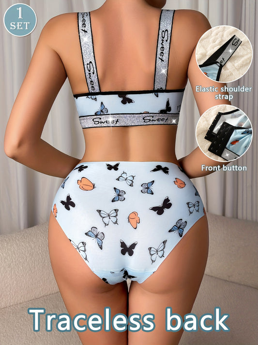 A Set of Butterfly Print Front-Button Women'S Lingerie, Featuring Wide Straps, a Wireless Bra, And Seamless Panties, Soft And Comfortable, Perfect for Everyday Wear in Autumn And Winter.