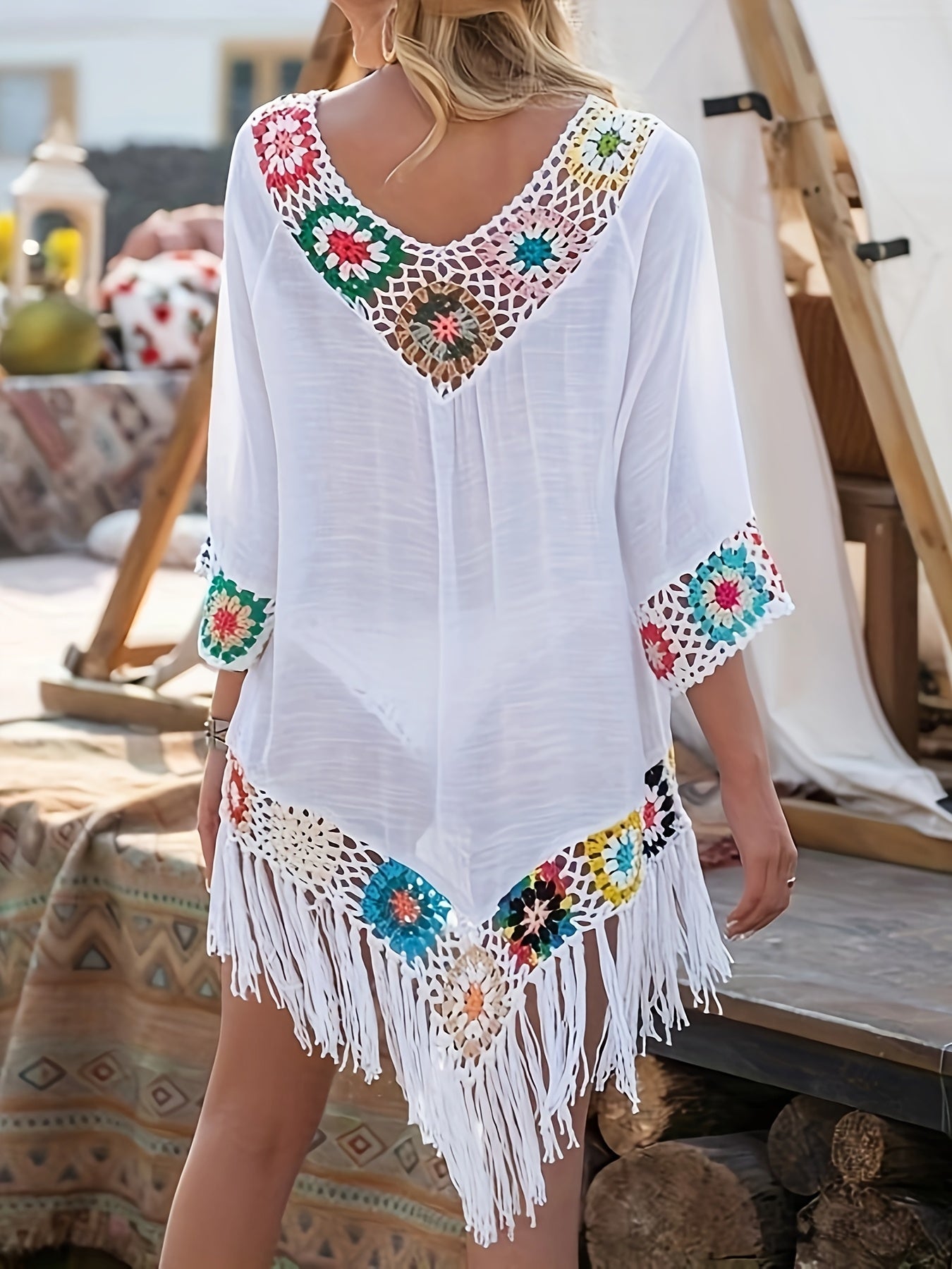 Fashionable Hollowed Out Summer Sexy V-neck Vacation Style Colorful Crochet Flower Collar Solid Color Splicing Mid Sleeve Long Tassel Perspective Loose Sexy Cover Shirt