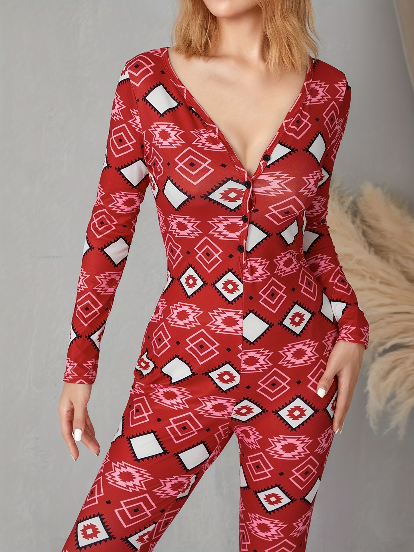 Women's Plaid V-Neck Romper - Casual Long Sleeve Jumpsuit with Elastic Yoga Waist and Button Details, Red, Polyester