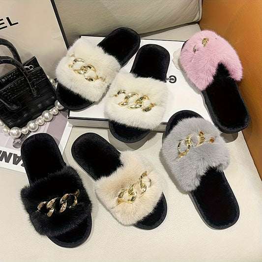 [For Home] Women'S Cozy Fleece-Lined Slip-On Slippers - Soft Plush faux fur Lining, Warm All-Season Indoor/Outdoor House Shoes with Cushioned EVA Sole, Solid Color Design For Home & Casual Wear, Indoor Slippers, Comfortable F