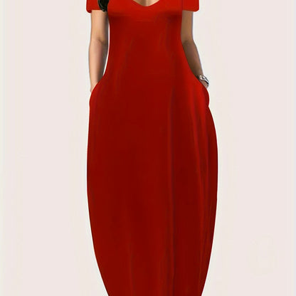 Solid Simple Dress, Casual Short Sleeve Maxi Dress With Pockets, Women's Clothing