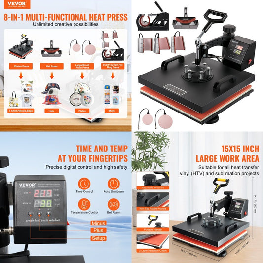 Quality Assurance Heat Press Machine 15x15Inch 8pcs 1050W Combo Digital Multifunctional Sublimation Heat Transfer Machine Dual Display for T Shirts Hat Mug Cap Plate Swing Away Design Premium Quality