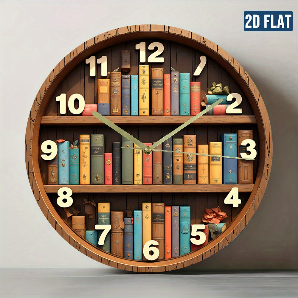2D Flat, 1pc Bookshelf Wall Clock - Silent Non-Ticking Battery Operated (AA Batteries Not Included) - Vibrant Book Design with 12 Numbers, Acrylic Material, Perfect for Home, Office, Bedroom Decor - Unique Christmas Gift Idea