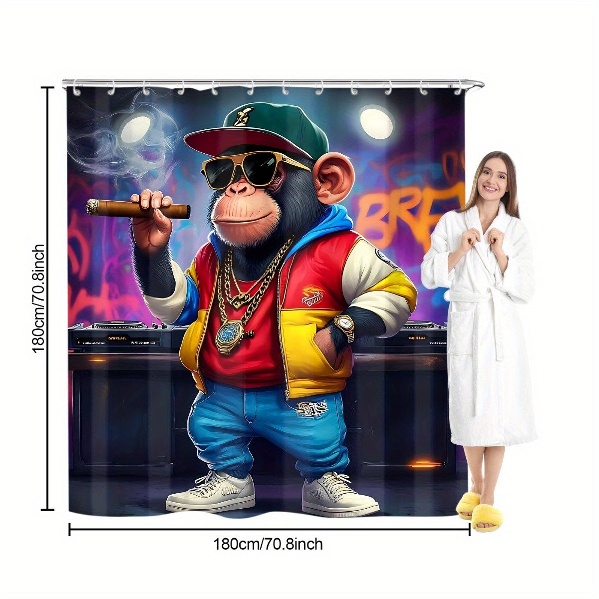 4pcs Cute Monkey Shower Curtain Sets, Modern Animal Pattern Bathroom Curtain Set with 12 Hooks Include Non-Slip Bathroom Rug, Toilet U-Shape Mat, Toilet Lid Cover, Fashion Bathroom Accessories Ideal for Bathroom & Home Decor,