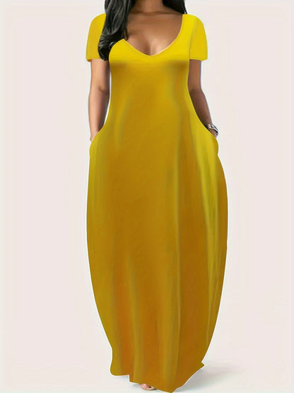 Solid Simple Dress, Casual Short Sleeve Maxi Dress With Pockets, Women's Clothing