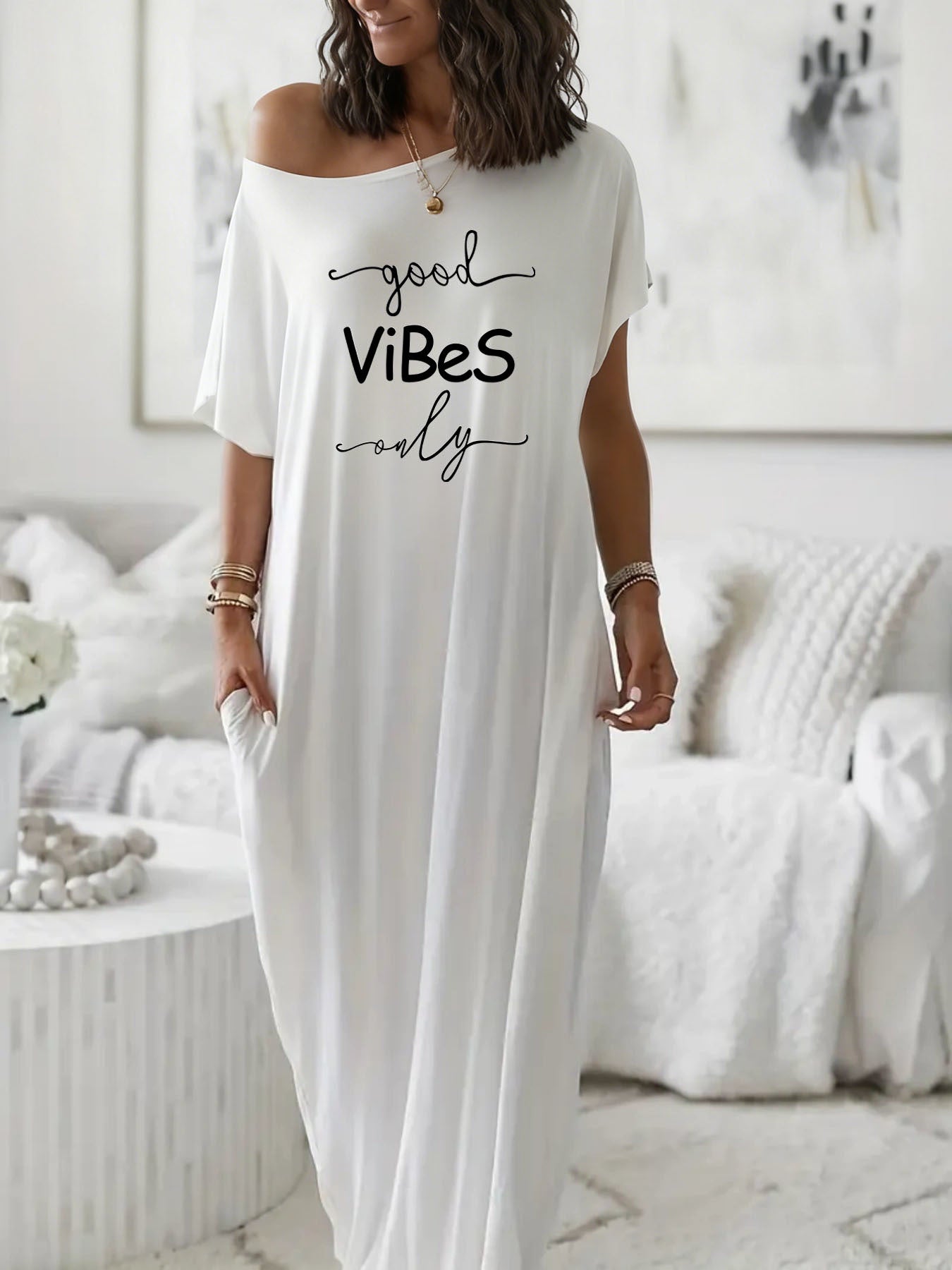 Women's Off-Shoulder Loose Maxi Dress Good Vibes Only Print Casual Comfortable Pocket Loungewear Nightgown