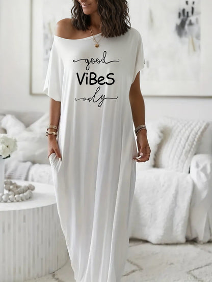 Women's Off-Shoulder Loose Maxi Dress Good Vibes Only Print Casual Comfortable Pocket Loungewear Nightgown