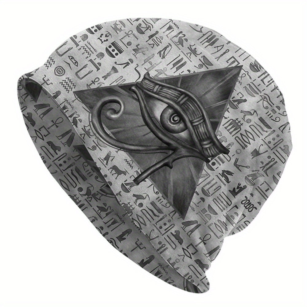1pc BIIHUDU Unisex Egyptian Eye of Horus Beanie - Funky Style Knit Fabric Hat with Elastane and Polyester, Soft No-Brim Bonnet