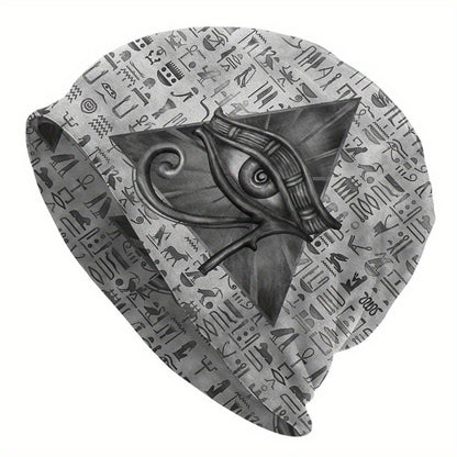1pc BIIHUDU Unisex Egyptian Eye of Horus Beanie - Funky Style Knit Fabric Hat with Elastane and Polyester, Soft No-Brim Bonnet