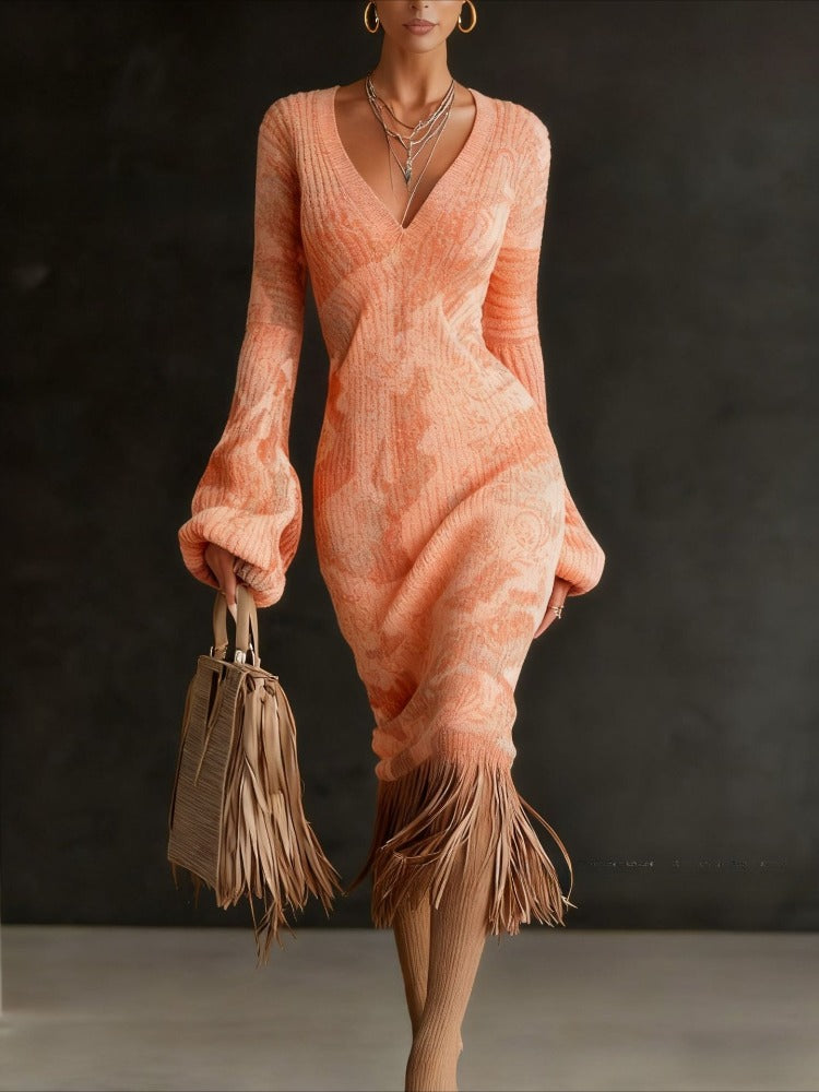 Autumn And Winter New Cross-border European And American Style Flower Dress, Loose V-neck Long Sleeves, Retro Tassel Decoration Exquisite Printing, Skin-friendly Pendant Without Wrinkle, Daily Dating Commuting Versatile Cross