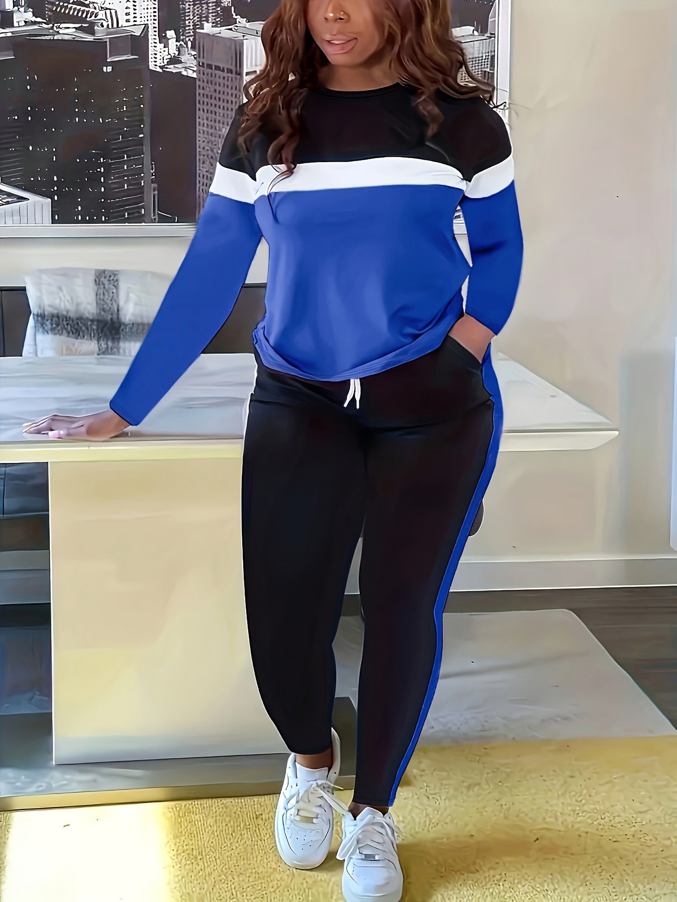 Color Block Striped Print Two-Piece Set, Round Neck Long Sleeve Top And Drawstring Pants, Women's Fashion