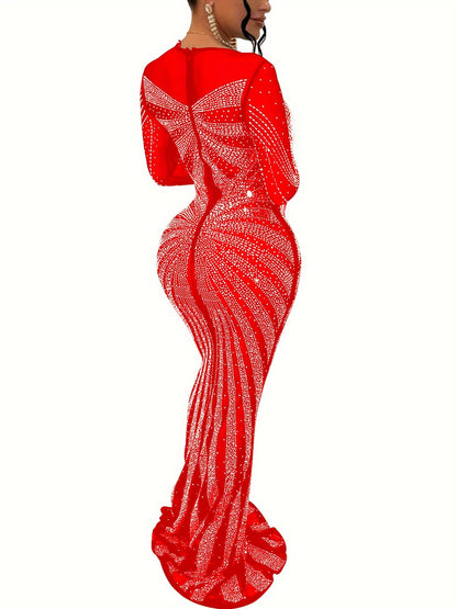 Long Sleeve Maxi Dress - Elegant Sheer Mesh with Rhinestone Detail - Bodycon Fit for Women - Perfect for Spring/Summer/Fall
