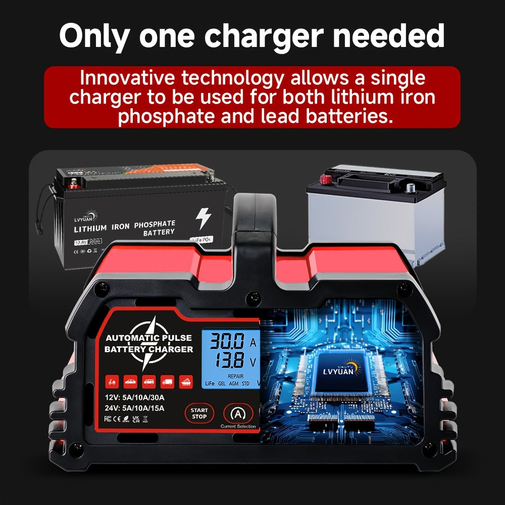 Battery Charger 30A, 12V/24V Lead Acid Smart Battery Charger, 12V LiFePO4 Car Battery Trickle Charger, Automatic Battery Maintainer for Car Motorcycle Lawn Mower Marine Boat Lead Acid Batteries